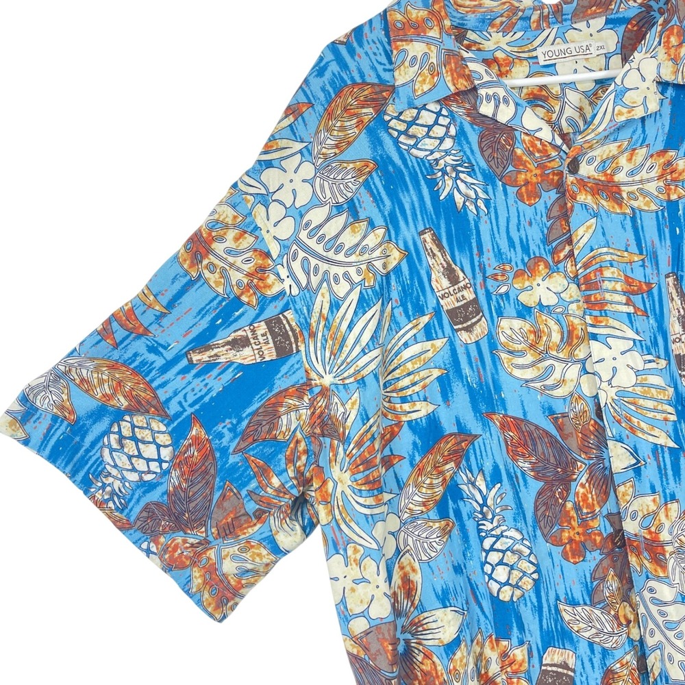 Young USA Mens Hawaiian‎ Shirt 2XL Blue Tropical Beer Pineapple Floral